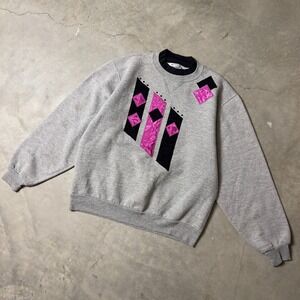 Vintage Jerzees Sweatshirt Womens Medium Gray 90s Geometric Pink Retro Pullover